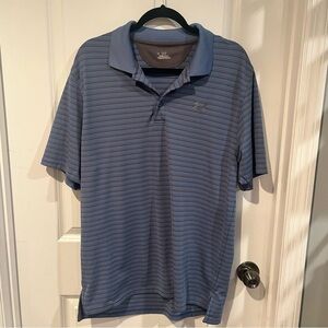 Under armour blue golf shirt with stripes. Men’s size Large, Heat Gear